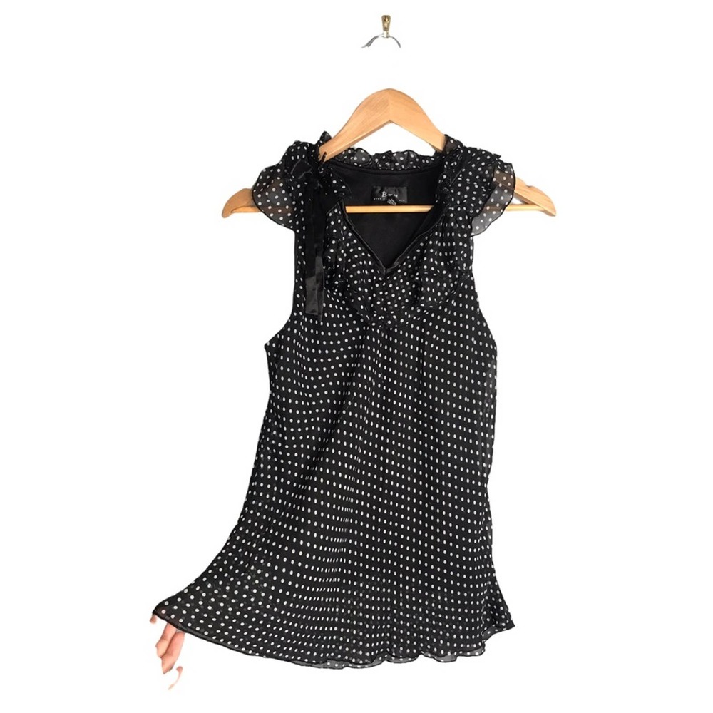 Bwear Black and White Polka Dot Sleeveless Ruffle Tie Neck Blouse